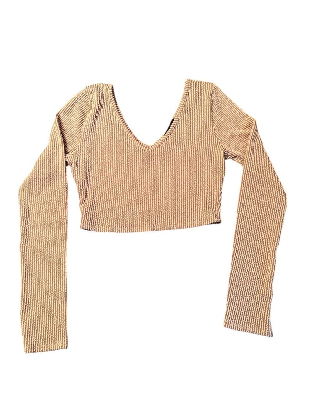 Brown Ribbed V Neck Crop Top Medium
